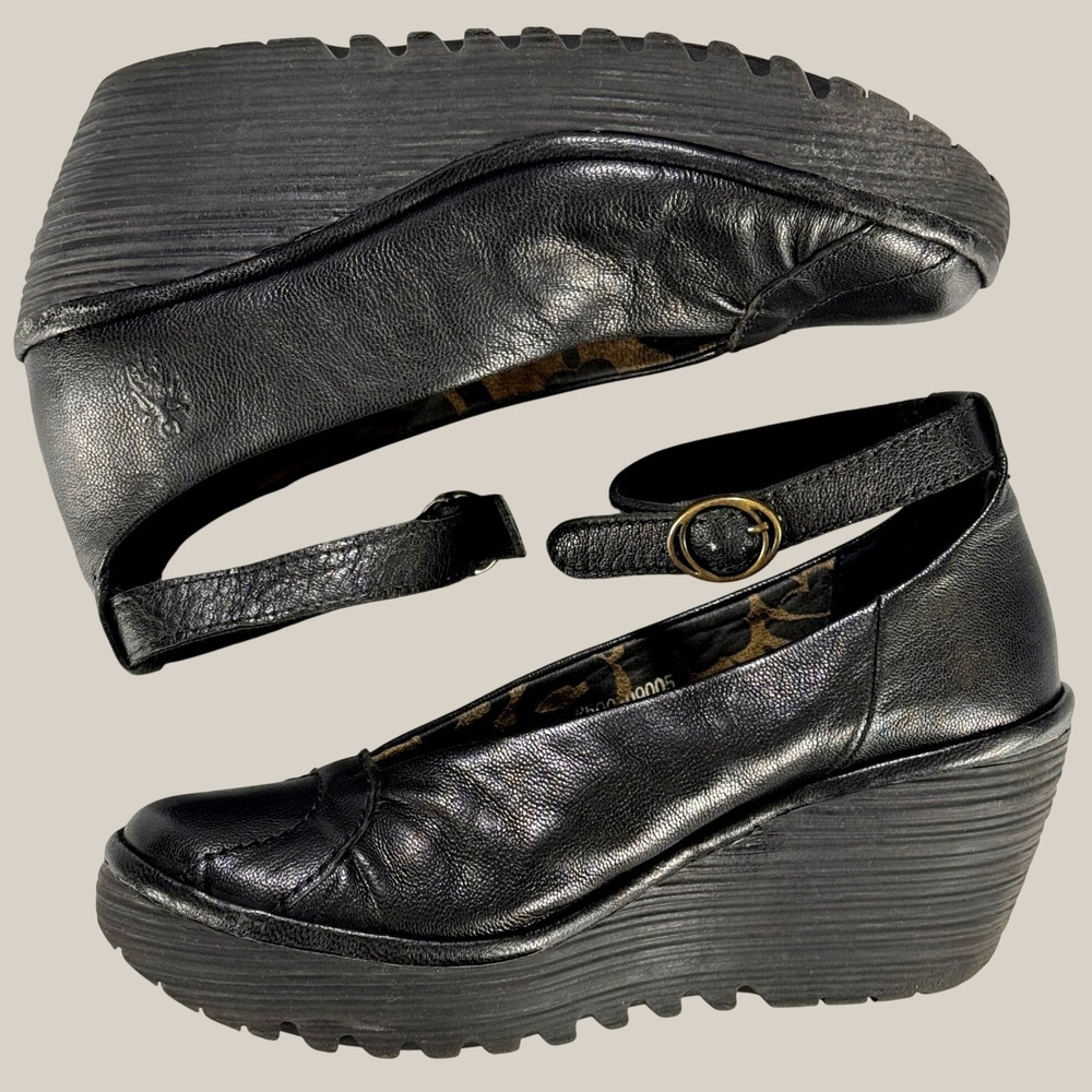 Fly London Womens 36 Black Leather Ankle Strap Platform Wedge Shoes P500309005 - Picture 10 of 11